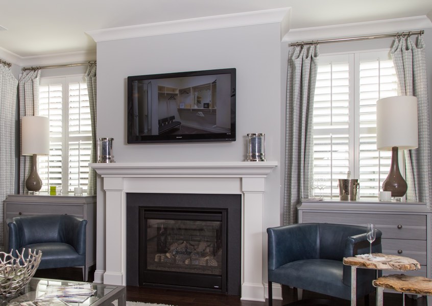 tv room Philadelphia faux wood shutters